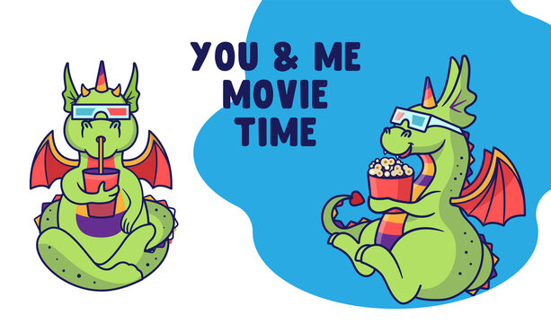 Set of green dragons dragon in 3D glasses in the cinema with a popcorn and a drink. Rainbow unicorn with lettering phrase, Movie time. Good for a family look. Vector illustration