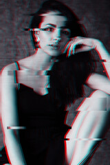 black and white portrait of a girl with a glitch effect