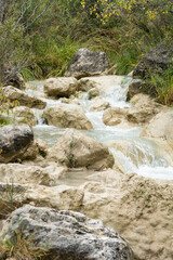 A river in South France, flows between rocks, trees and grasses. Forms little cascades. Early autumnal colors. Picture in portrait mode.