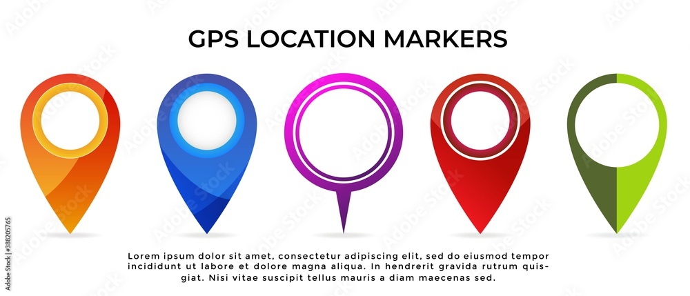 Fototapete a set of 5 gps navigation location marker pin icon of different designs and color scheme isolated on