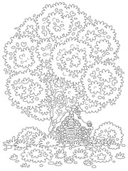 Fototapeta premium Snow-covered small wooden house from a fairytale with rustic decorations, a porch and an old fence under a big snowy tree on a pretty forest glade, black and white outline vector cartoon illustration