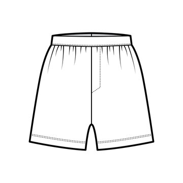 Boxer shorts underwear technical fashion illustration with loose silhouette, elastic band. Flat trunks Underpants lingerie template front, white color. Women men unisex Kacchera CAD mockup 