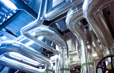 Obraz premium Industrial zone, Steel pipelines, valves and cables