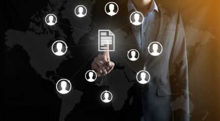 Corporate data management system DMS and document management system with privacy theme concept. Businessman presses a finger and scheme with protected document connected with users.