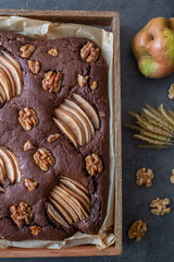 Obraz na płótnie Canvas sweet Chocolate Brownie with pears and walnuts