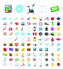 Set of 100 Realistic High Quality Colorful Business Technological Fitness and Medical Icons on White Background . Isolated Vector Elements