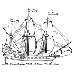 sketch of vintage coral with sails, coloring book, cartoon illustration, isolated object on white background, vector,
