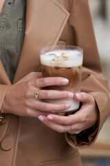 Iced latte coffee glass. Iced coffee latte