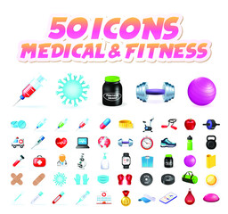 Set of 50 Realistic High Quality Colorful Medical & Fitness Icons on White Background . Isolated Vector Elements