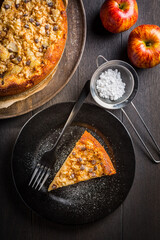 Delicious apple pie with chocolate pieces and ingredients for Thanksgiving
