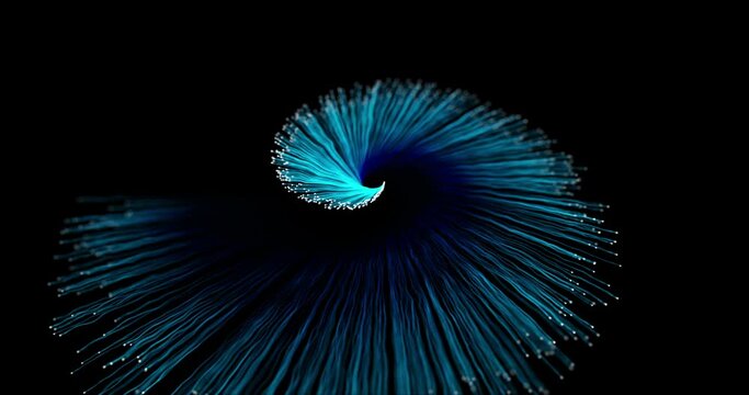 Spiral movement of particles. Blue optical fiber particles. Smooth spiral movement. Abstract animation on a black background.