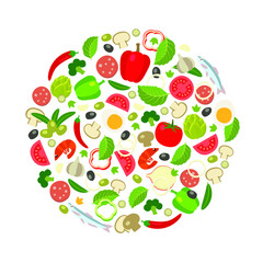 Pizza round, cartoon flat style icons, isolated vector illustration. Design for stickers, logo, web and mobile app.