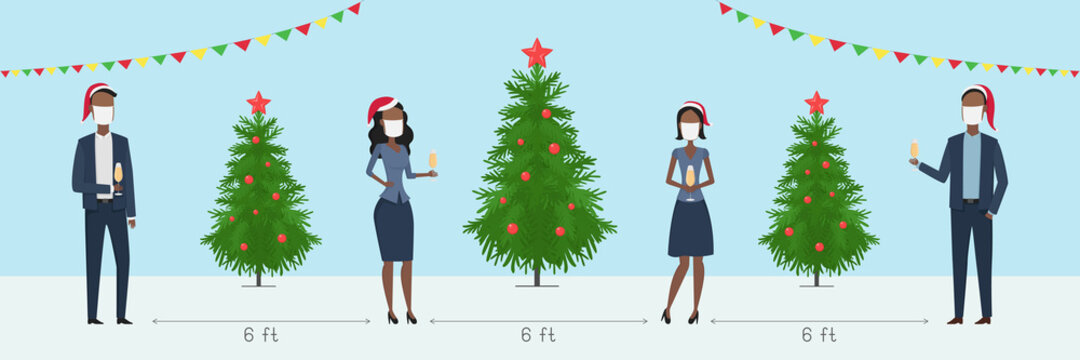 Safe distance 6 feet on Christmas office party. Poster. Vector illustration.