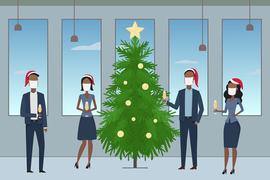 Christmas tree in office. New Year 2021 corporate party. Vector illustration.