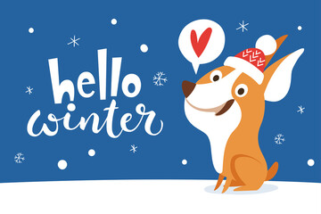 Merry Christmas card with cute cartoon corgi puppy