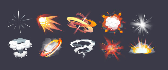 Animation for game comic explosion effect frames. Energy explosion, flame smoke cloud, motion blast effects, steam clouds, puff, mist, fog, water vapor, fire, comic power explosions