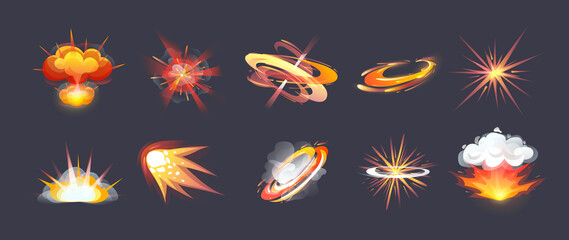Animation for game comic explosion effect frames. Energy explosion, flame smoke cloud, motion blast effects, fire, comic power explosions. Effect of an explosion with flame, particles