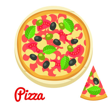 Pizza on a board, cartoon flat style icon. Isolated vector illustration. Design for stickers, logo, web and mobile app. 
