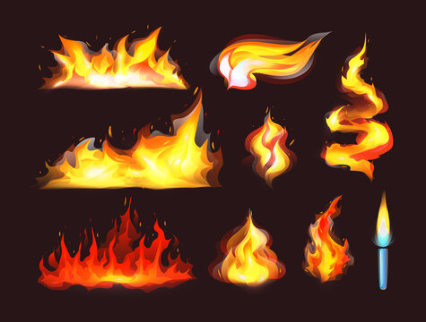 Realistic fire flames set. Red burning fire flame and orange hot flaming heat explosion cartoon, hot flame energy, fire animation cartoon vector
