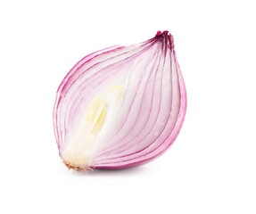 A red onion, sliced in half, isolated on white background with clipping path