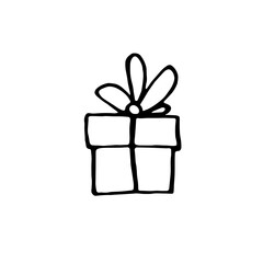 Vector outline hand drawn image of gift box in Doodle style. Festive design element for Christmas, Valentines day, birthday, new year, other holiday