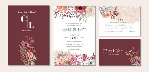 Wedding invitation set with floral and foliage watercolor