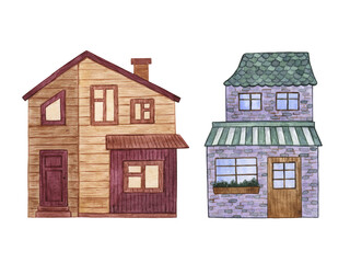 House, cottage with lawn isolated on white background