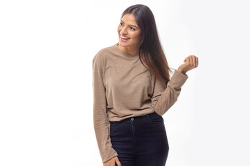 Beautiful woman looking sideways and smiling	