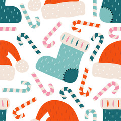 Merry Christmas and happy new year seamless pattern. Festive background with Christmas knitted sock, Santa Claus hat, candy cane, sweets. Xmas holiday vector illustration in Scandinavian style.