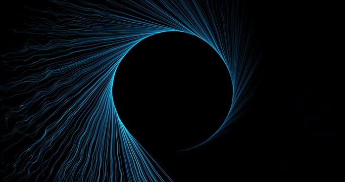 The movement of blue lines in a circle and their divergence to the sides. Straight lines become wavy. Smooth abstract animation on a dark background.
