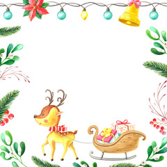 Watercolor small deer with sledge, boxes.Christmas card.Cute cartoon animal with striped scarf is coming.Frame for New Year.