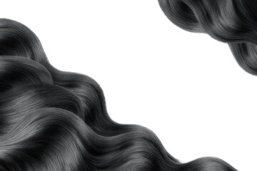 Black shiny hair isolated on white. Background with copy space