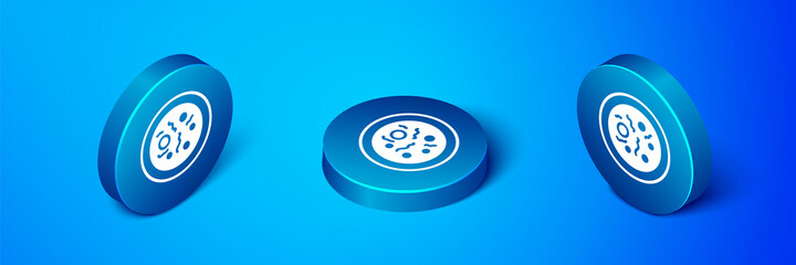 Isometric Petri dish with bacteria icon isolated on blue background. Blue circle button. Vector.