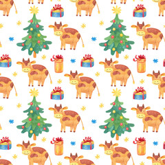 Obraz na płótnie Canvas Watercolor seamless pattern with little cute bulls, Christmas trees, snowflakes and gift boxes. White background. Great for fabrics, wrapping papers. Chinese new year of the ox.