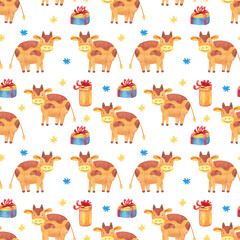 Obraz na płótnie Canvas Watercolor seamless pattern with little cute bulls, snowflakes and gift boxes. White background. Great for fabrics, wrapping papers. Chinese new year of the ox.