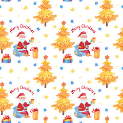 Watercolor seamless pattern with Santa sitting on a bag with gifts and drinking hot tea. Christmas trees, snowflakes. Hand drawn Merry Christmas. White background. Great for fabrics, wrapping papers.