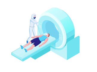 Mri scanning of 2019-nCoV Coronavirus patient, isometric 3d vector illustration with magnetic tomograhpy technology, doctor in white medical face mask, x-ray with pneumonia