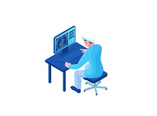 Mri scanning of 2019-nCoV Coronavirus patient, isometric 3d vector illustration with doctor in white medical face mask watching x-ray with pneumonia