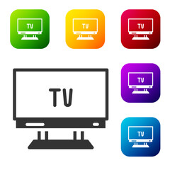 Black Smart Tv icon isolated on white background. Television sign. Set icons in color square buttons. Vector.