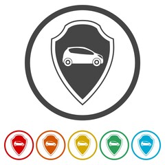 Car on the shield graphic ring icon, color set