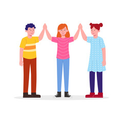 Happy Three Kids Cheering High Five Friendship Symbols Cartoon Illustration