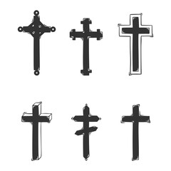 Set of hand drawn vector religious crosses, isolated on white background.