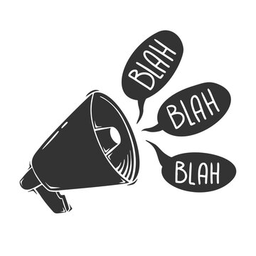 Hand drawn vector of megaphone with blah, isolated on white background.