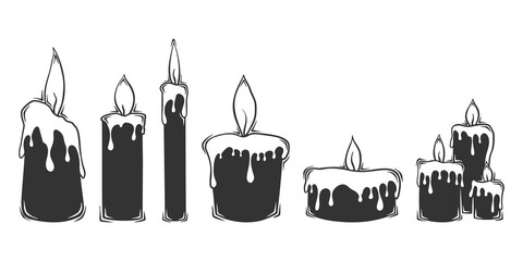 Set of hand drawn vector candles with fire, isolated on white background.