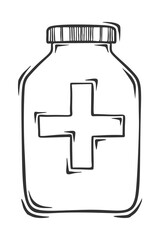 Hand drawn vector of medical bottle with cross, isolated on white background.