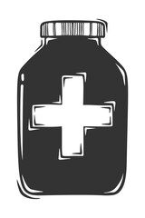 Hand drawn vector of medical bottle with cross, isolated on white background.
