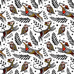 Vector colorful seamless pattern. Dia de los Muertos, Day of the dead or Halloween concept. Flying cat, dog and raven. Forest animals skeletons, with floral design, isolated on white background