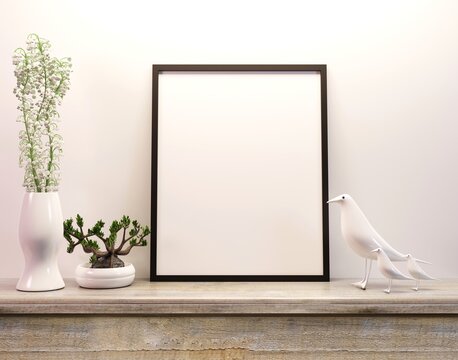 A vertical blank frame on the shelf with plants. 3D rendering.	