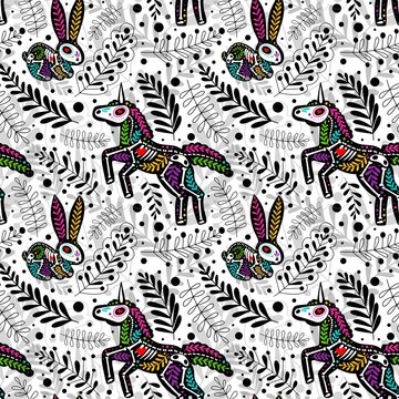 Vector colorful seamless pattern. Dia de los Muertos, Day of the dead or Halloween concept. Unicorn and rabbit. Forest animals skeletons, with floral design, isolated on white background