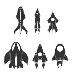 Set of hand drawn vector of spaceship, isolated on white background.
